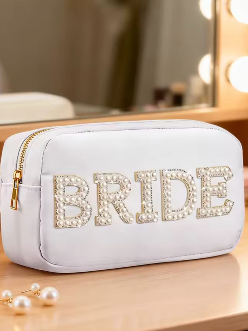 Macy's White Pearl-Embellished BRIDE Cosmetic Bag